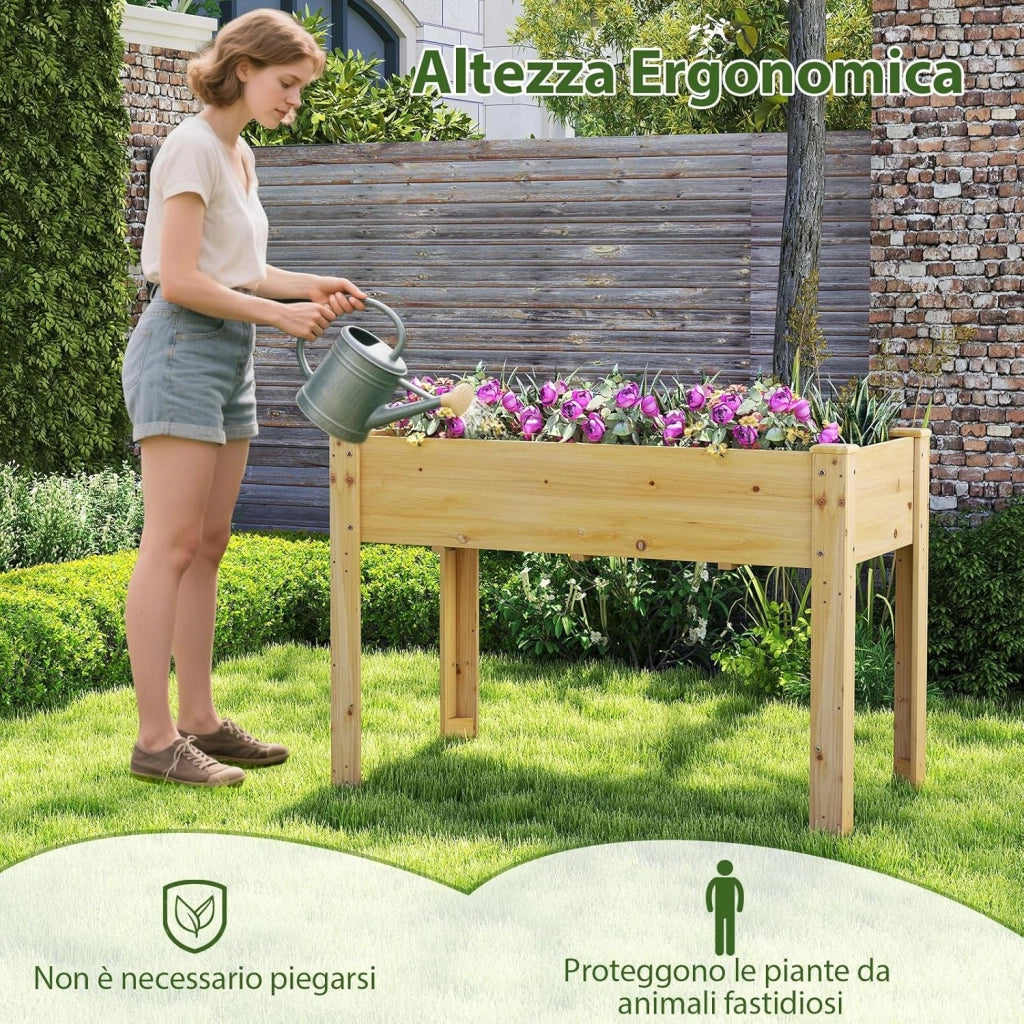Letto per Orto Rialzato da Esterno in Legno di Abete, Fioriera Rialzata con Fori di Drenaggio, Letto per Piante Urbano da Giardino e Patio, 120 x 60 x 82 cm (Naturale)