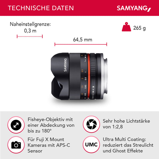 Obiettivo fisheye MF 8 mm II, compatibile con Fuji X, Lente fish eye grandangolare con angolo di campo di 180°, per sensore APS-C