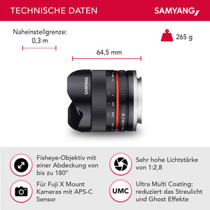 Obiettivo fisheye MF 8 mm II, compatibile con Fuji X, Lente fish eye grandangolare con angolo di campo di 180°, per sensore APS-C