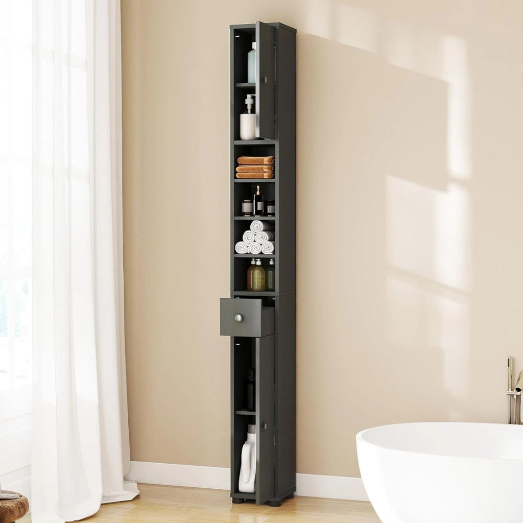 Armadio da bagno alto, mobile a colonna con 2 porte, 1 cassetto e 4 ripiani aperti, 20 x 20 x 180 cm, ripiani regolabili, mobile ausiliario stretto per soggiorno, camera da letto (grigio)