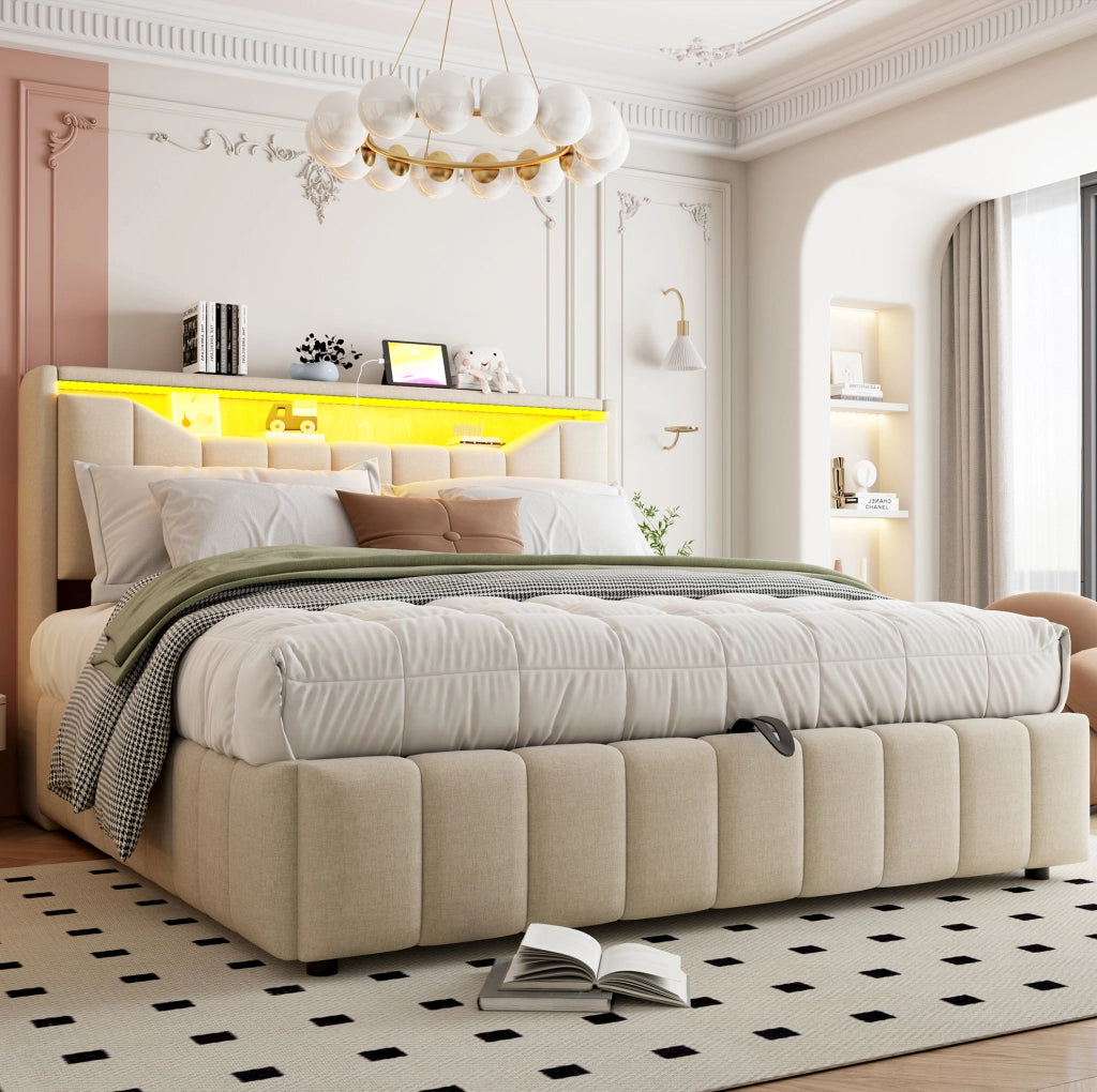 Letto imbottito beige con contenitore idraulico, LED e ricarica USB