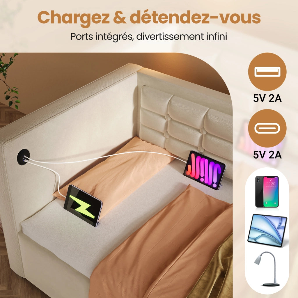 Letto a Divanetto 90 x 200 cm; Letto Singolo - Contenitore; USB e Type-C - Beige