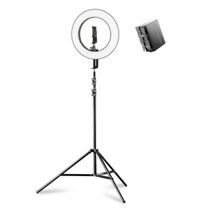 Ring light a LED 380 Bi-Color dimmerabile 23W, Luce ad anello con treppiedi fotografico e batteria, per foto e video, incl. accessori