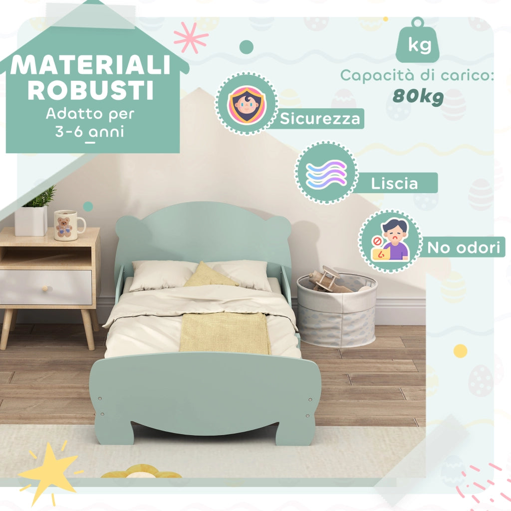 Lettino per Bambini con Testiera e Pediera a Orso e 2 Sponde Laterali, in Legno, 143.5x80x55 cm, Verde
