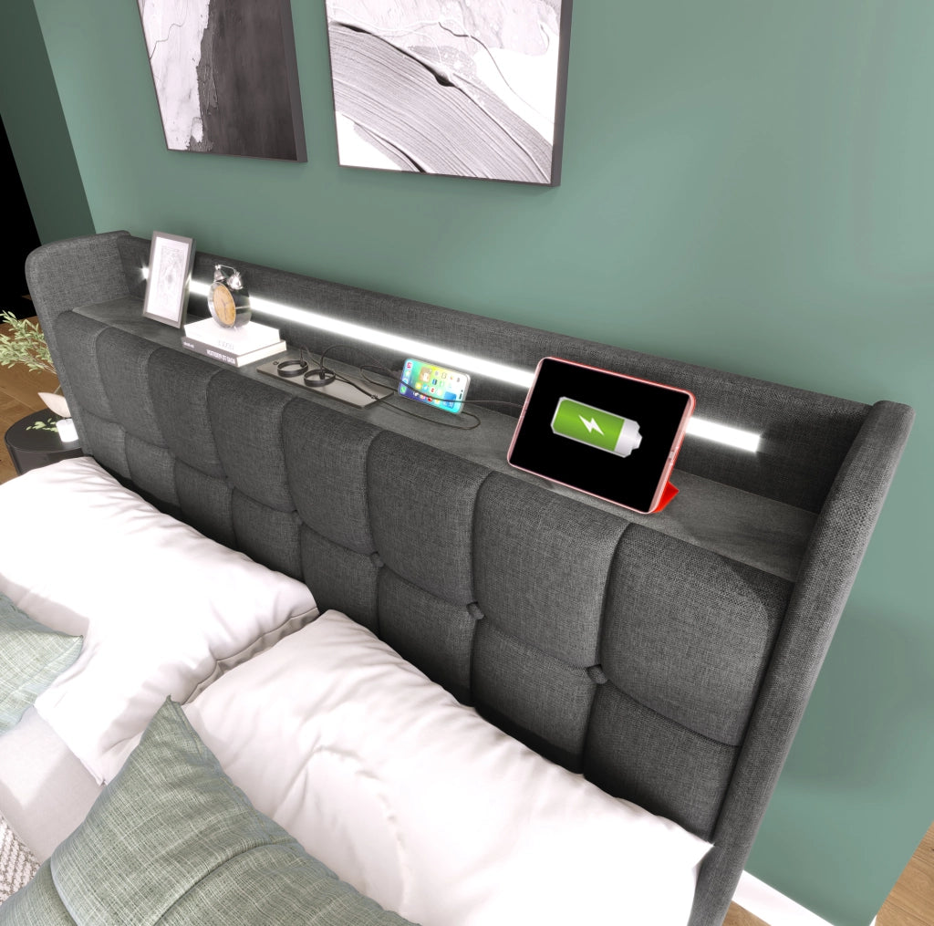 Letto matrimoniale imbottito 160x200 cm con LED; prese USB e 4 cassetti; grigio