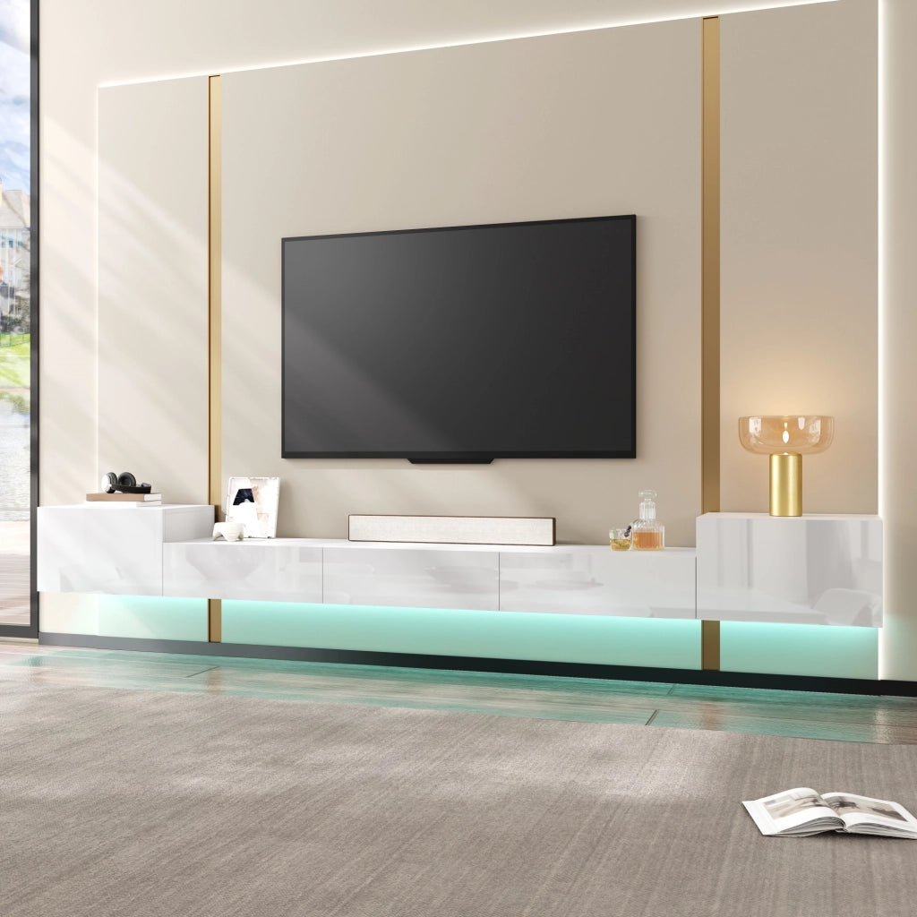 Mobile porta TV sospeso con LED app, 2 ante a battente e 3 ribalta, per soggiorno, bianco, 245 × 30 × 26 cm