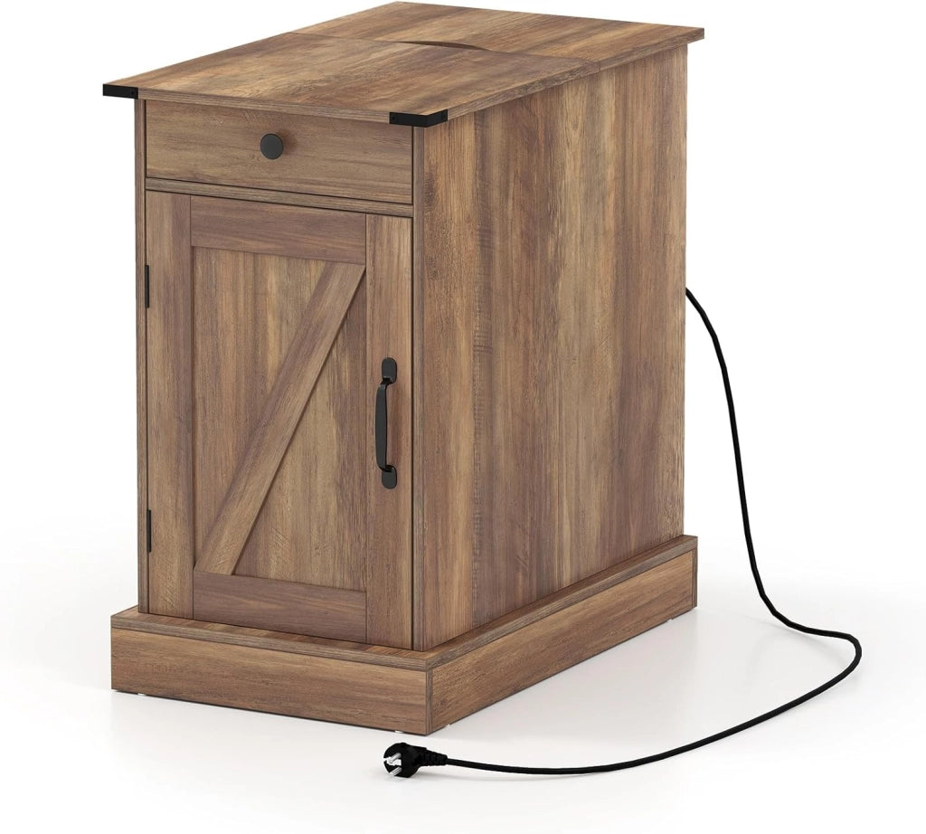 Comodino con stazione di ricarica, tavolino ausiliario con porta, cassetto estraibile, scomparto nascosto, ripiano regolabile, 35 x 60 x 62 cm, per camera da letto, soggiorno