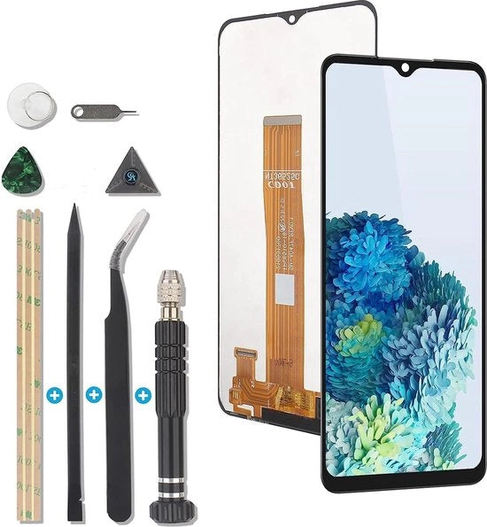 Display LCD e schermo touchscreen digitizer per Samsung Galaxy A04S 2022 SM-A047F - Nero con attrezzi.