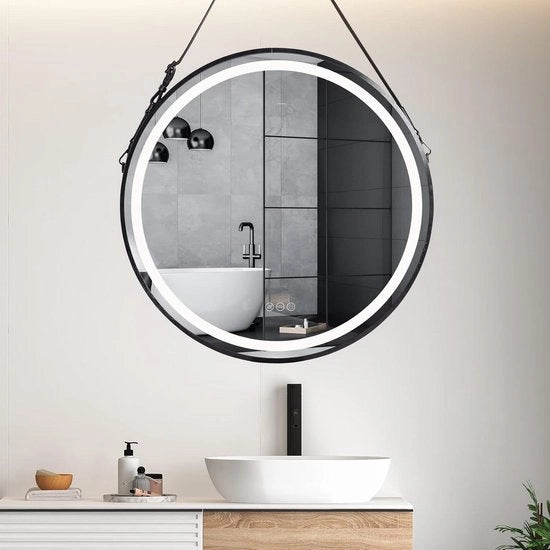 Specchio per bagno rotondo 80 cm di diametro con illuminazione e cordoncino di appoggio - telaio in alluminio nero - condensazione zero - regolabile - impermeabile IP44 - risparmio energetico