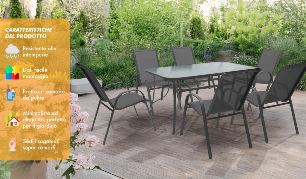 Set Tavolo Sedie Da Giardino 7 Pezzi, Tavolo Da Pranzo Terrazzo In Metallo Piano In Vetro Con Foro  Ombrellone 6 Sedia Da Esterno Impilabili Con Schienale Alto,Veranda  Grigio