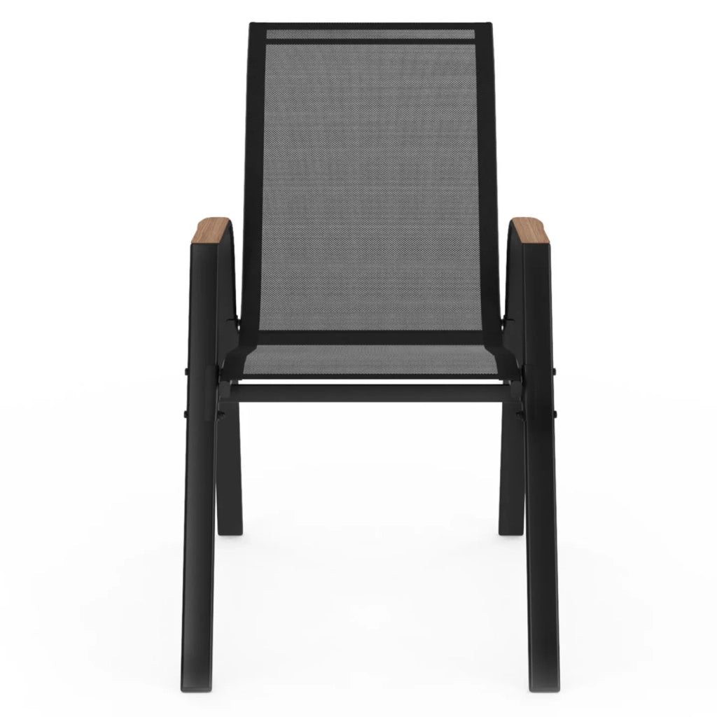 IDMarket - Set di 4 sedie da giardino impilabili NOUMEA in metallo e textilene, nero e legno