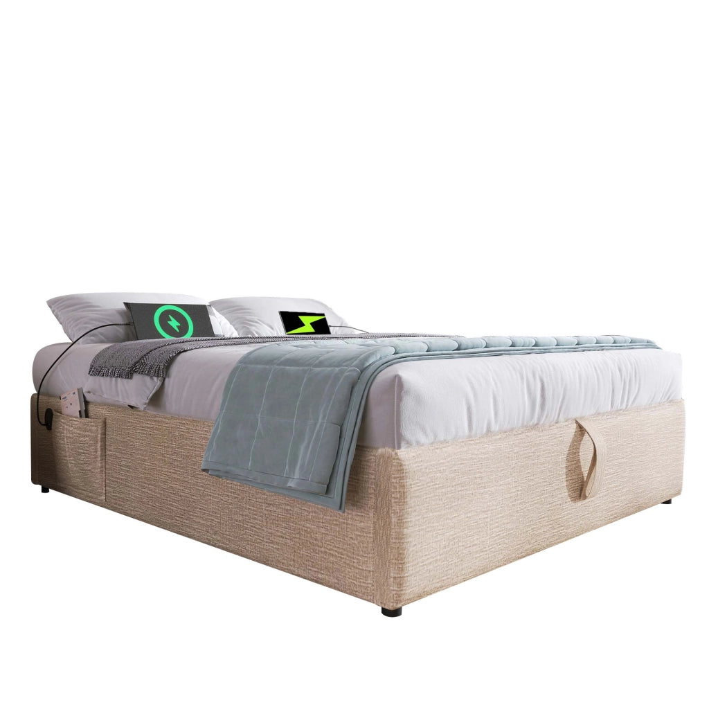 Letto contenitore imbottito 140x200 cm con porta USB/Type-C, rete in legno massiccio e struttura in lino naturale
