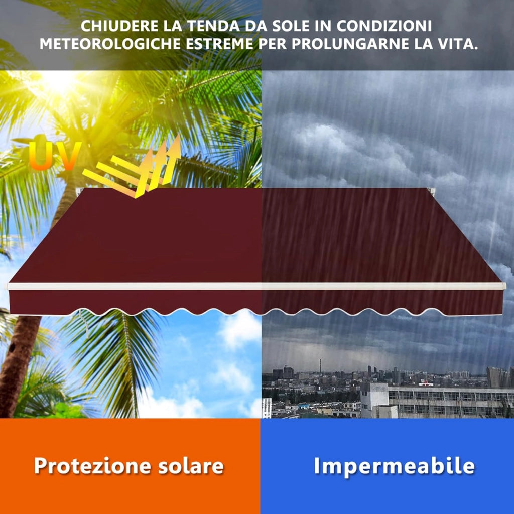 Tenda da Sole per Esterno Avvolgibile 3,6 x 3 M, Tenda da Sole a Bracci Estensibili con Telaio in Alluminio, Tettuccio Resistente al Sole e Impermeabile e Manovella (3,6 x 3 M, Rosso)