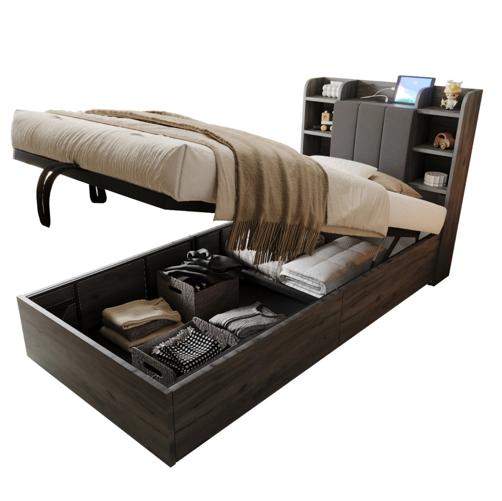 Letto singolo con contenitore idraulico 90x200 cm in MDF grigio; testiera con prese USB e Type-C