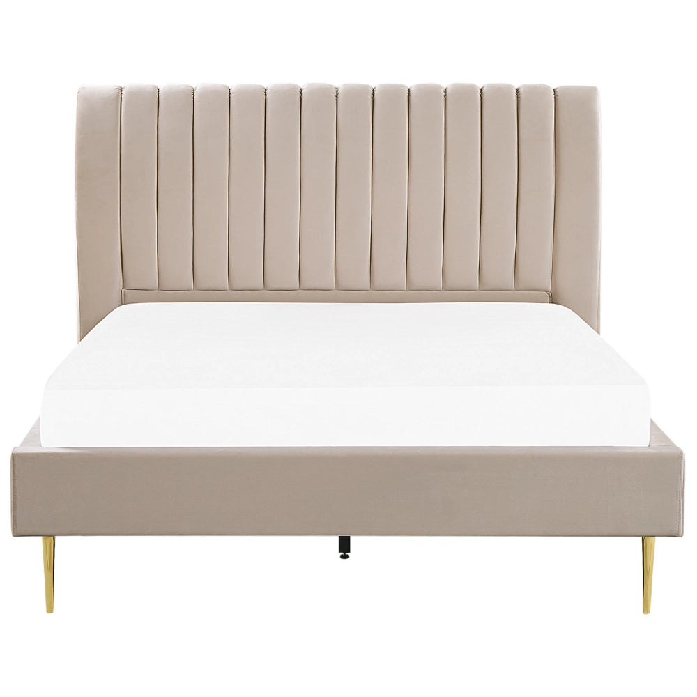Letto imbottito velluto beige sabbia e oro rete a doghe testiera alta 160 x 200 cm testata alta design retrò