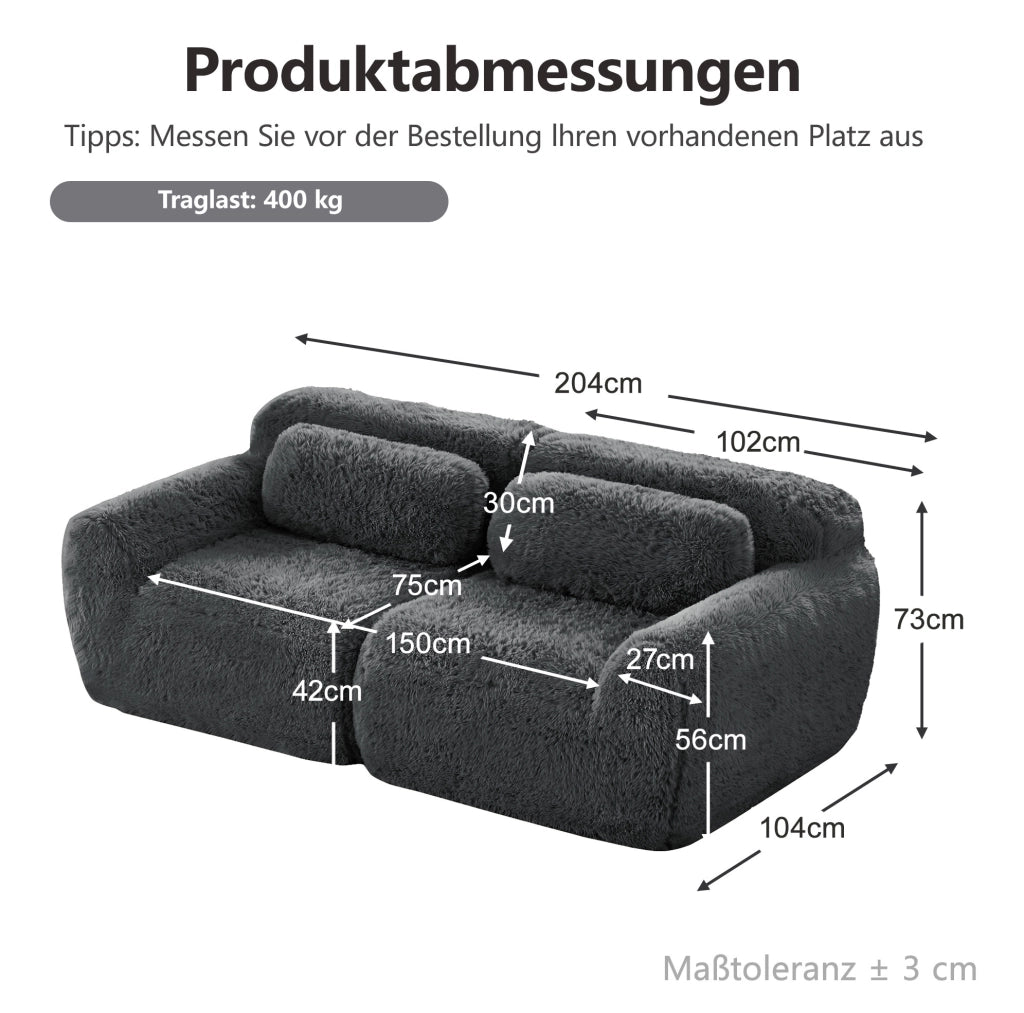 Divano 2 posti modulare senza struttura 204x104x73 cm in tessuto plush grigio con cuscini