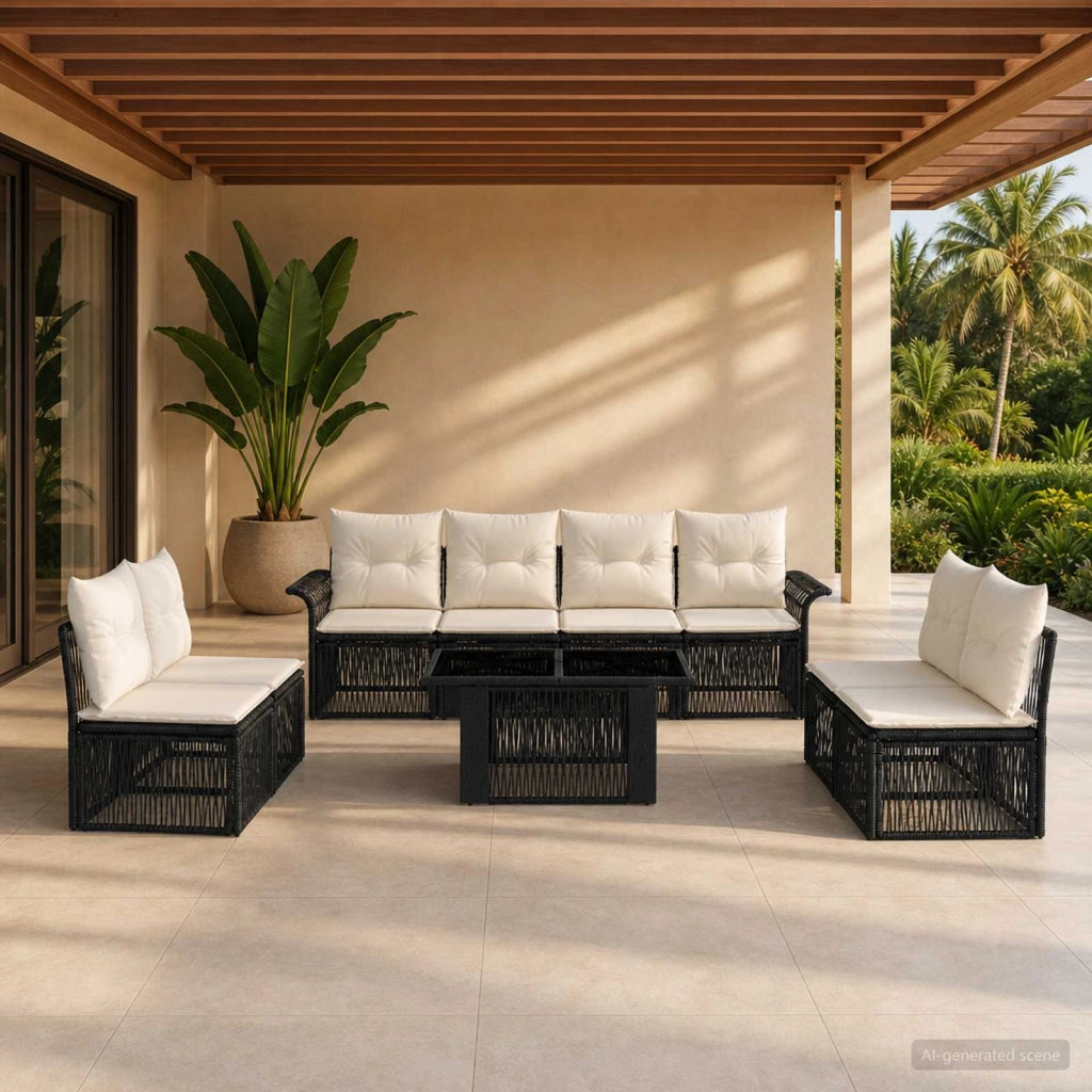 Set Divano da Giardino 9 pz Nero e Bianco Crema polyrattan 3436624