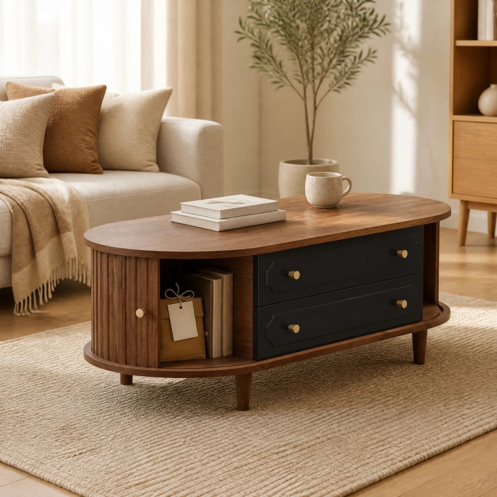 Tavolino da salotto 100 x 50 x 36 cm in effetto noce con 2 cassetti e 2 ante a rullo