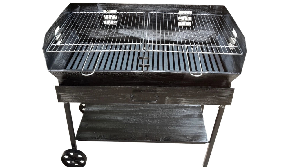 Barbecue a Legna e Carbonella in Ferro, con Ruote, Regolabile su 2 Altezze, Griglia in Acciaio, Ripiano poggia utensili 90x45 cm