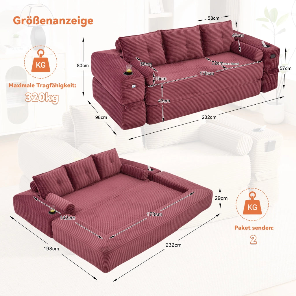 Divano convertibile con tasche laterali, portabicchieri e cuscini memory in corduroy rosso vino 232 × 98 × 80 cm