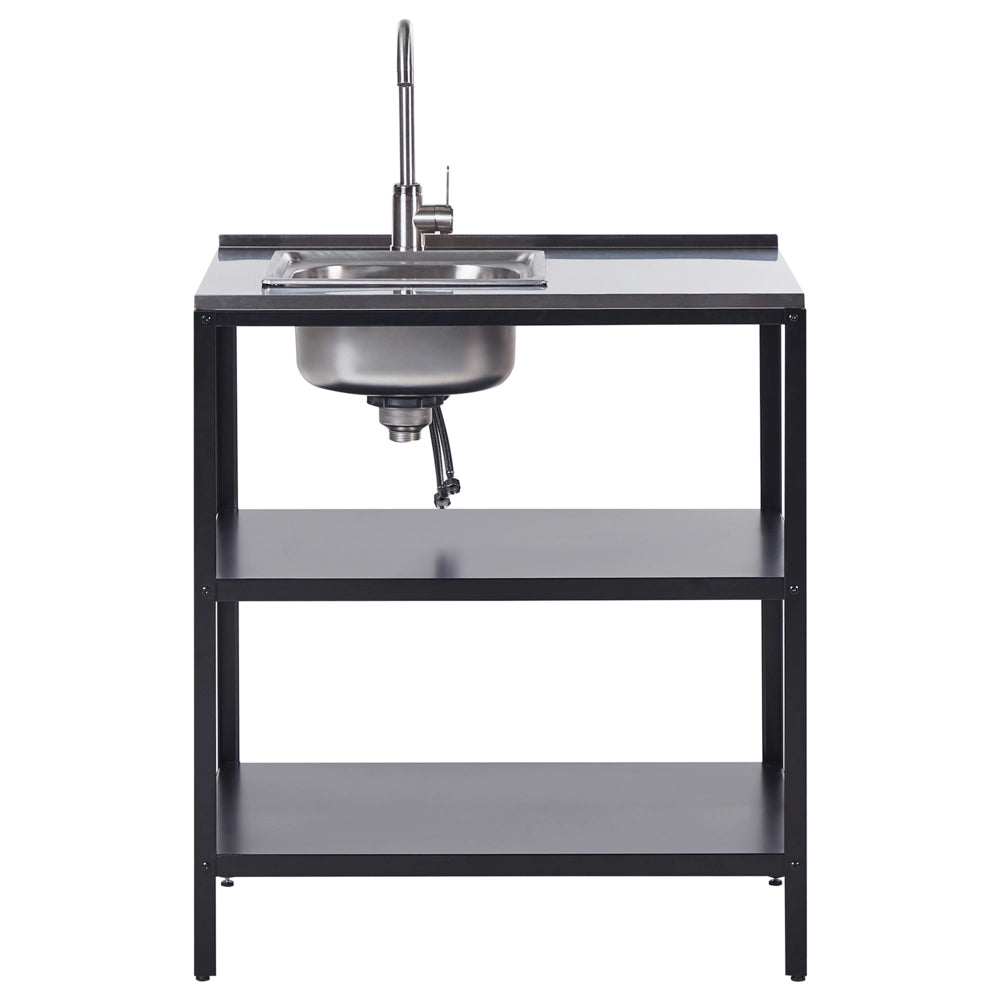 Mobile da giardino in acciaio con lavello a leva  con ripiani in acciaio inox nero 80x50x92 cm 2 ripiani con top Cucina da giardino da pranzo