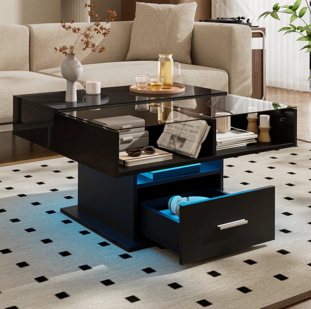 Tavolino da salotto sollevabile quadrato 78x78 cm; nero; in truciolare con LED e spazio contenitivo