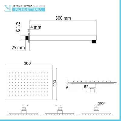 Set doccia cromato con braccio soffione rettangolare 30x20 e kit doccia