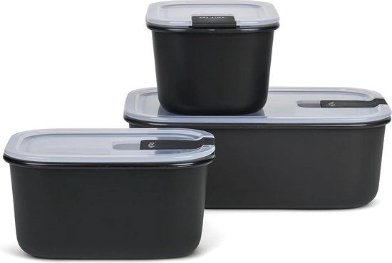 Set di contenitori 3-delic EasyClip – con coperchio e chiusura a click – adatto per forno a microonde, pentola a vapore, frigorifero e congelatore – 2 x 450 ml + 1000 ml – nero nordico