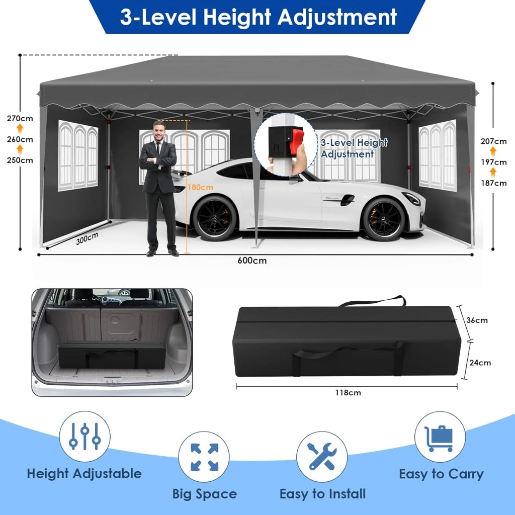 Gazebo 3x6 Pieghevole Impermeabile,Pergola Gazebo Esterno Resistente con 4 Pannelli Laterali, 420D Oxford Ispessente,Protezione UV 50+,Feste Campeggio Matrimonio,Spiaggia, Cortile, Giardino, Grigio