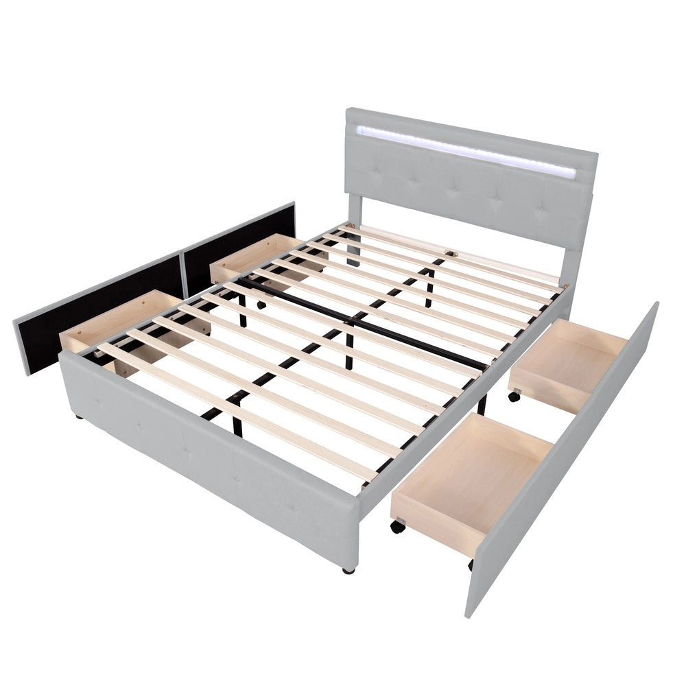 Letto Imbottito con LED, Cassetti e Contenitore ¨C MINIMAL ¨C Grigio 140x200
