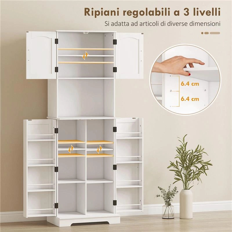 CREDENZA DA CUCINA ALTA STILE COUNTRY, 2 ARMADIETTI E 8 PORTASPEZIE, 60X40X181.5 CM, BIANCO
