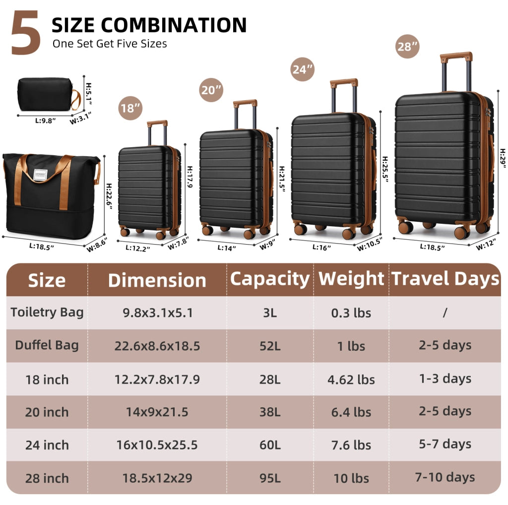 Set valigie rigide espandibili 6 pezzi con ruote girevoli, nero