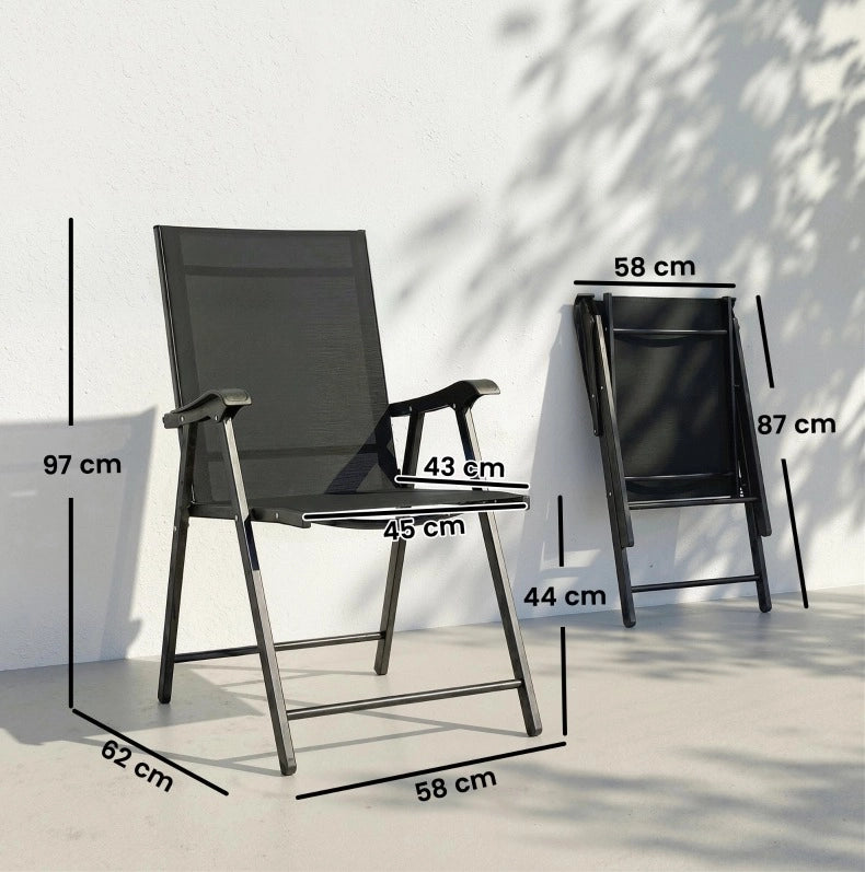 Set di 2 sedie da giardino pieghevoli in acciaio e Texteline; nere; 58 x 62 x 97 cm