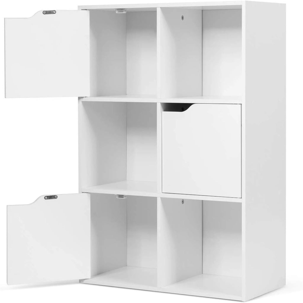Armadietto Libreria a 3 Livelli, con 6/9 Scomparti, 3/5 Ante, Mobiletto Portalibri Moderno, Multiuso e Salvaspazio, Ideale per Soggiorno, Studio, Ufficio, Camera (Bianco, 60x29x90 cm)