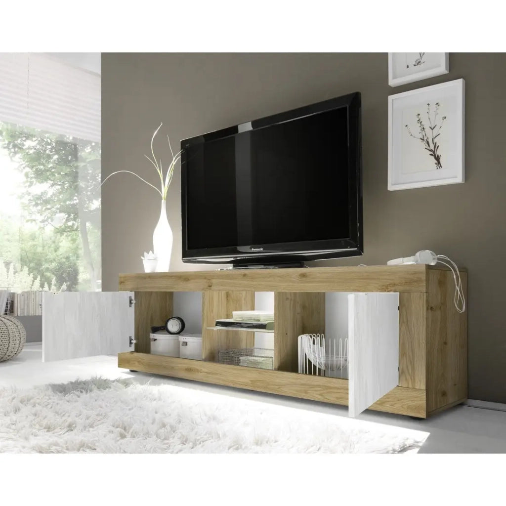 Mobile TV con 2 porte senza illuminazione ACCESS. Colori bianco e rovere chiaro.