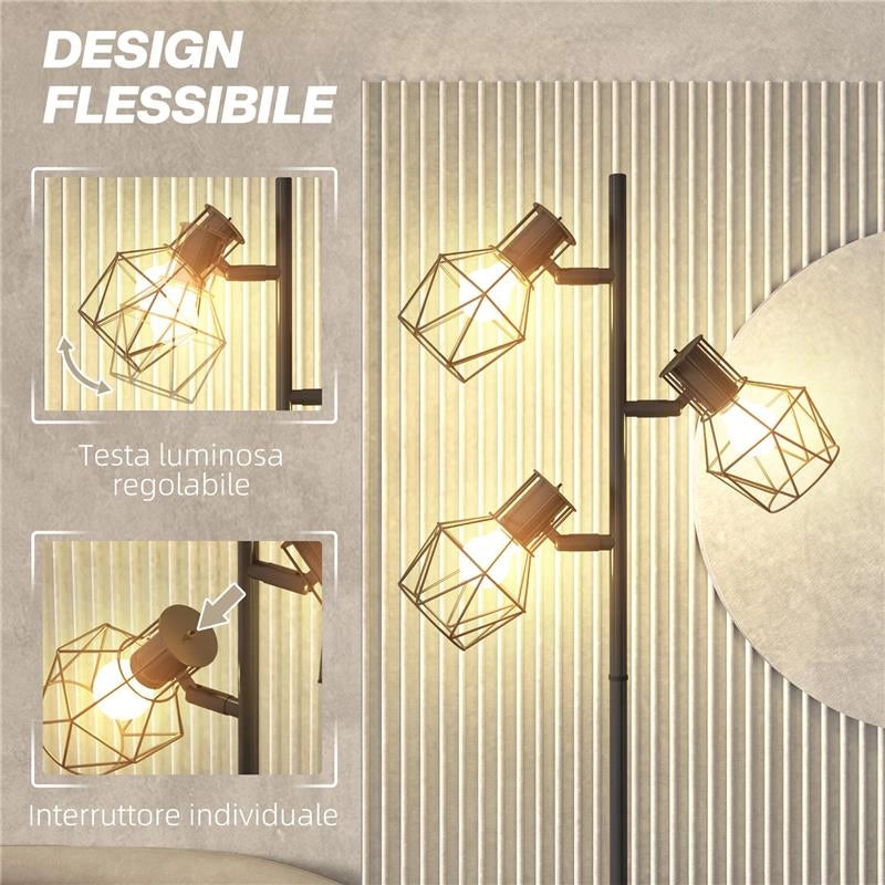 LAMPADA DA TERRA 40W CON 3 LUCI REGOLABILI E INTERRUTTORE A MANOPOLA IN METALLO 41X28X169 CM NERO