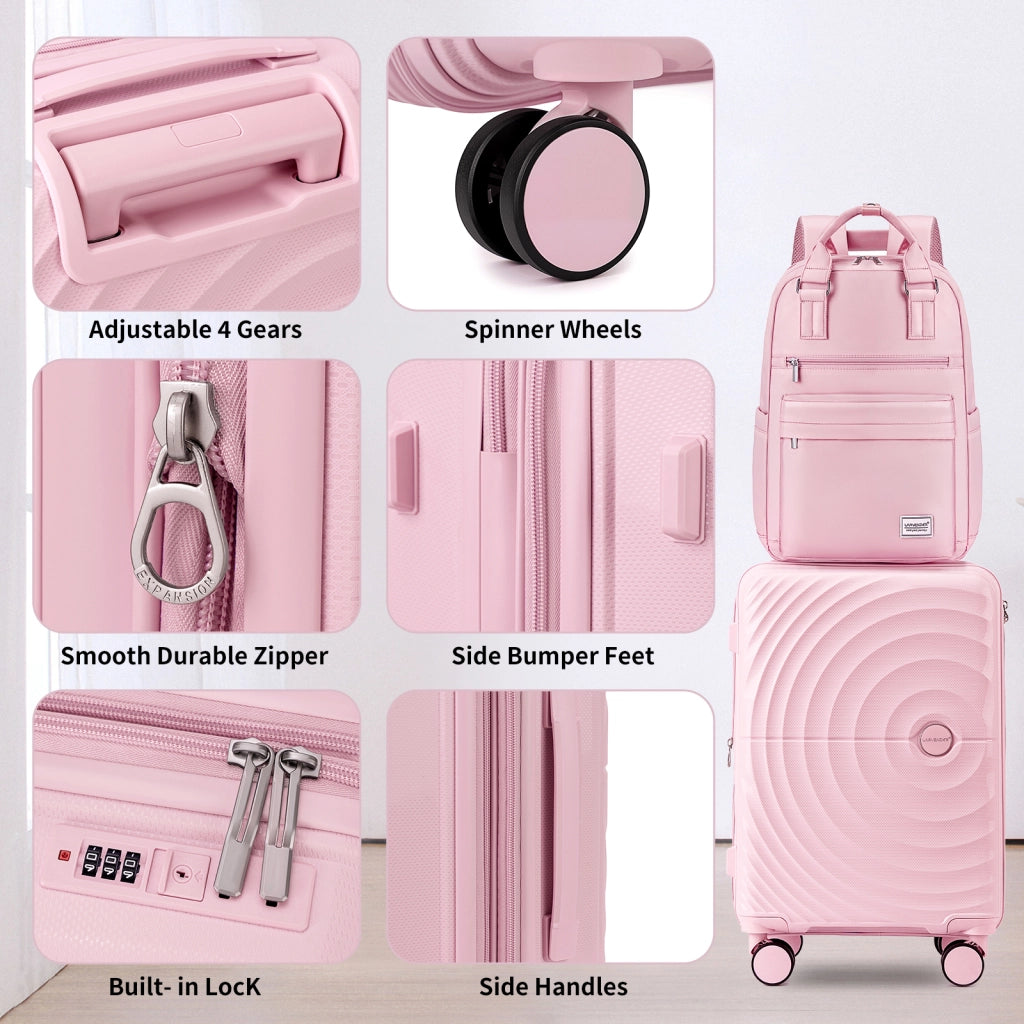 Set di valigie leggere da 3 pezzi, bagaglio a mano espandibile in PP da 20 pollici con ruote, colore rosa