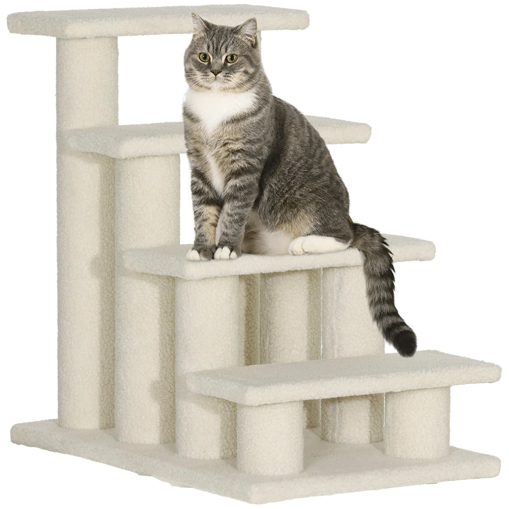 Scaffale a 4 gradini per cani e gatti in truciolare con rivestimento in peluche, bianco crema, 63,5 × 43 × 60 cm