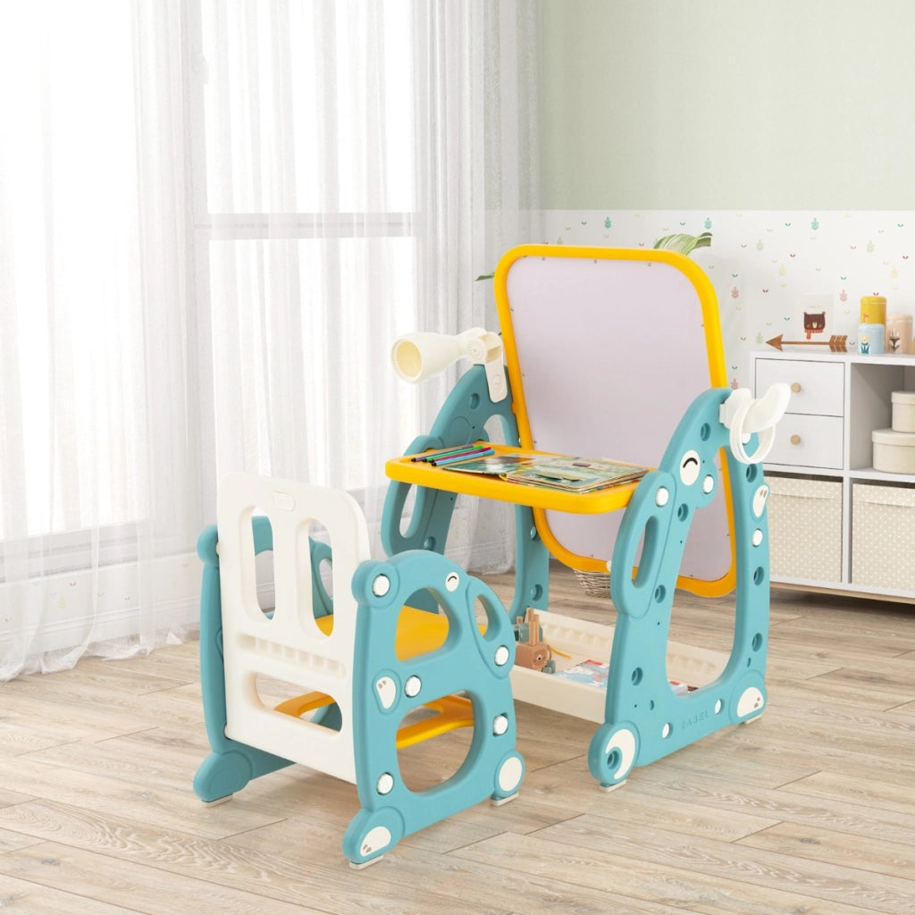 Tavolo da disegno per bambini con sedia, Set tavolo e sedia per attivit¨¤ con lavagna bianca regolabile a 3 livelli Blu-Tavoli e sedie