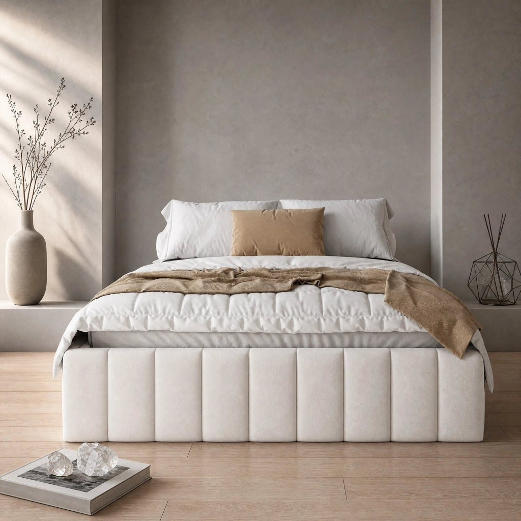 Letto imbottito 140x200 cm in velluto beige con 4 cassetti