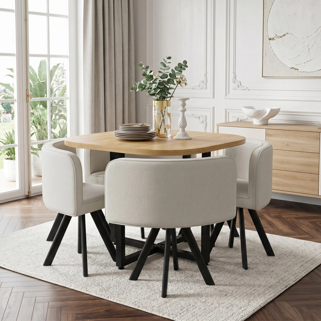 Set da pranzo composto da 4 sedie in lino e un tavolo (85 x 85 cm) con finitura effetto legno, color beige