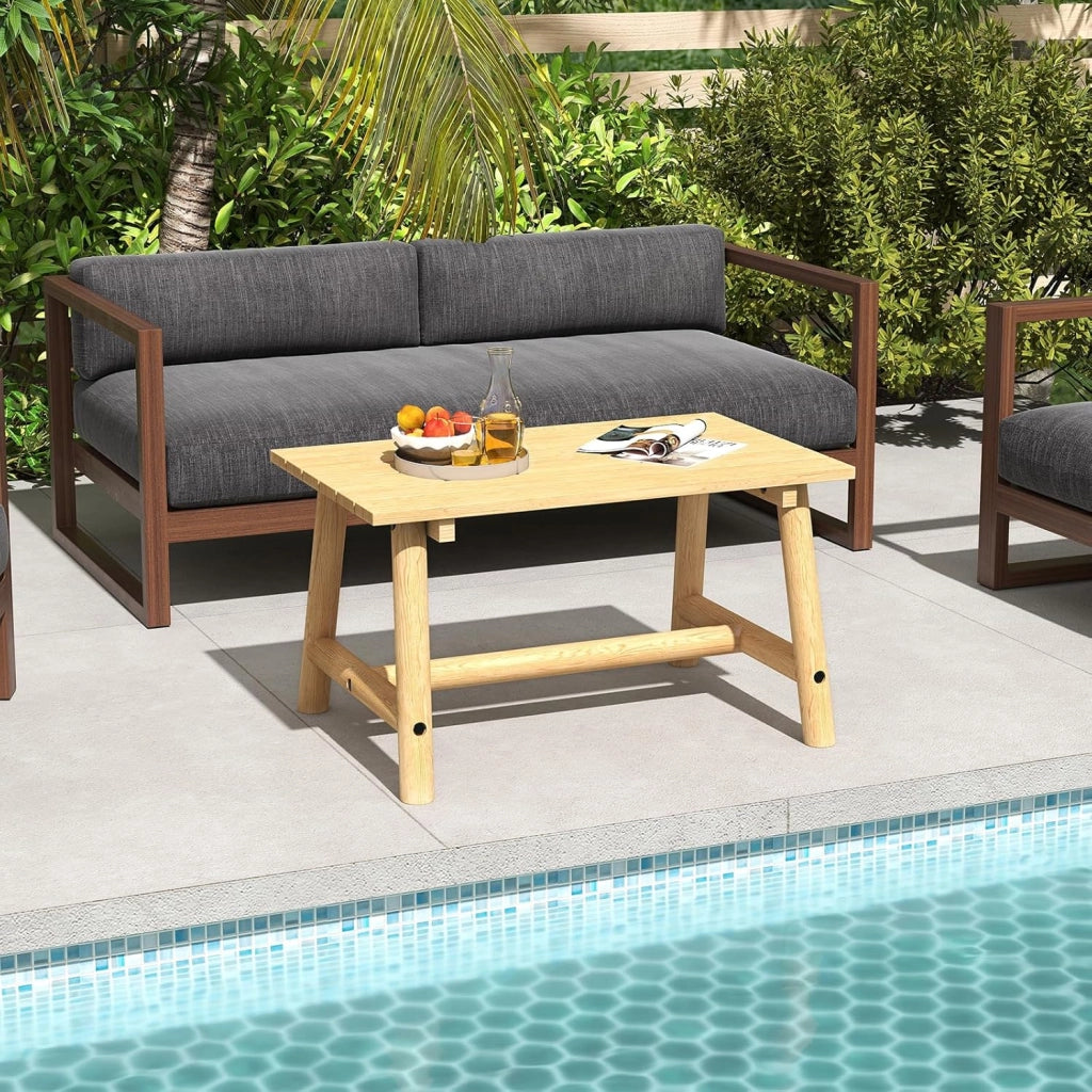 Tavolino da Caffè per Esterno, Tavolino Laterale in Legno con Piano a Doghe, Tavolo Rettangolare per Prato Balcone, Bordo Piscina, Portata 125 kg (Naturale)