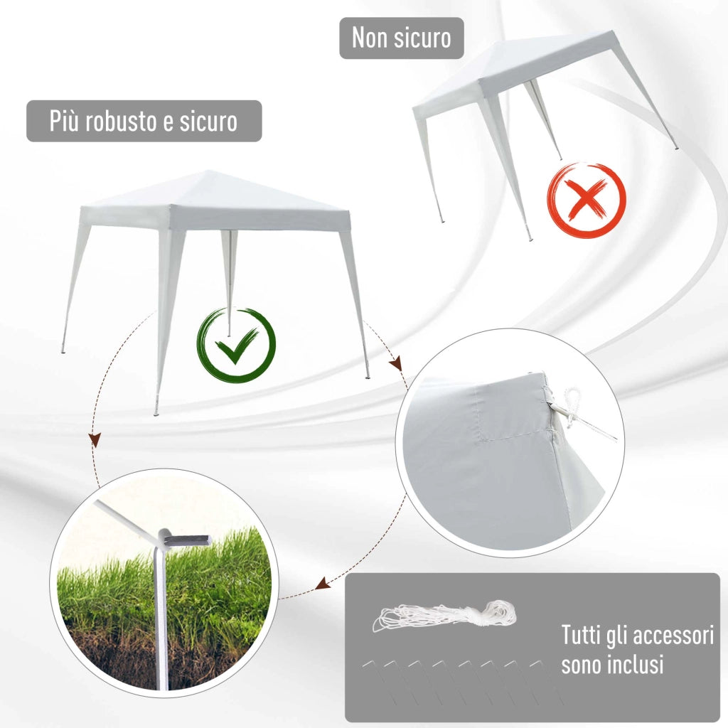 Gazebo Pieghevole da Giardino 2.4x2.4m con Struttura in Acciaio e Corde Antivento, Bianco