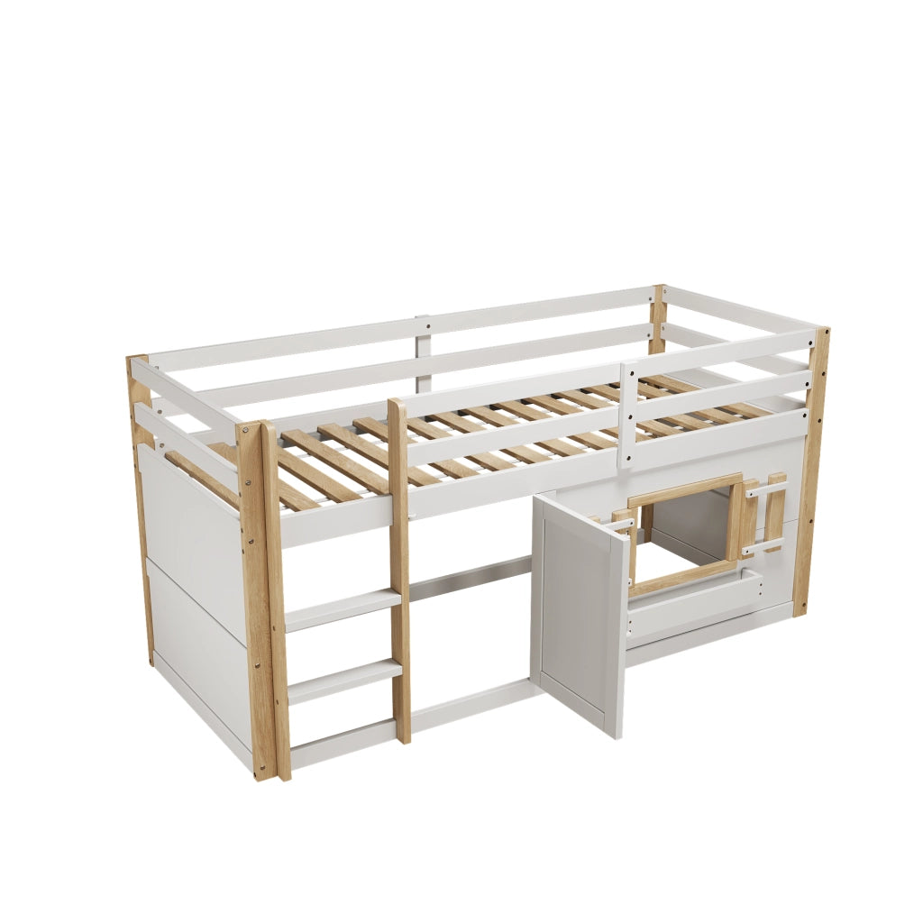 Letto a castello per bambini con scala e area gioco, 90x200 cm, bianco