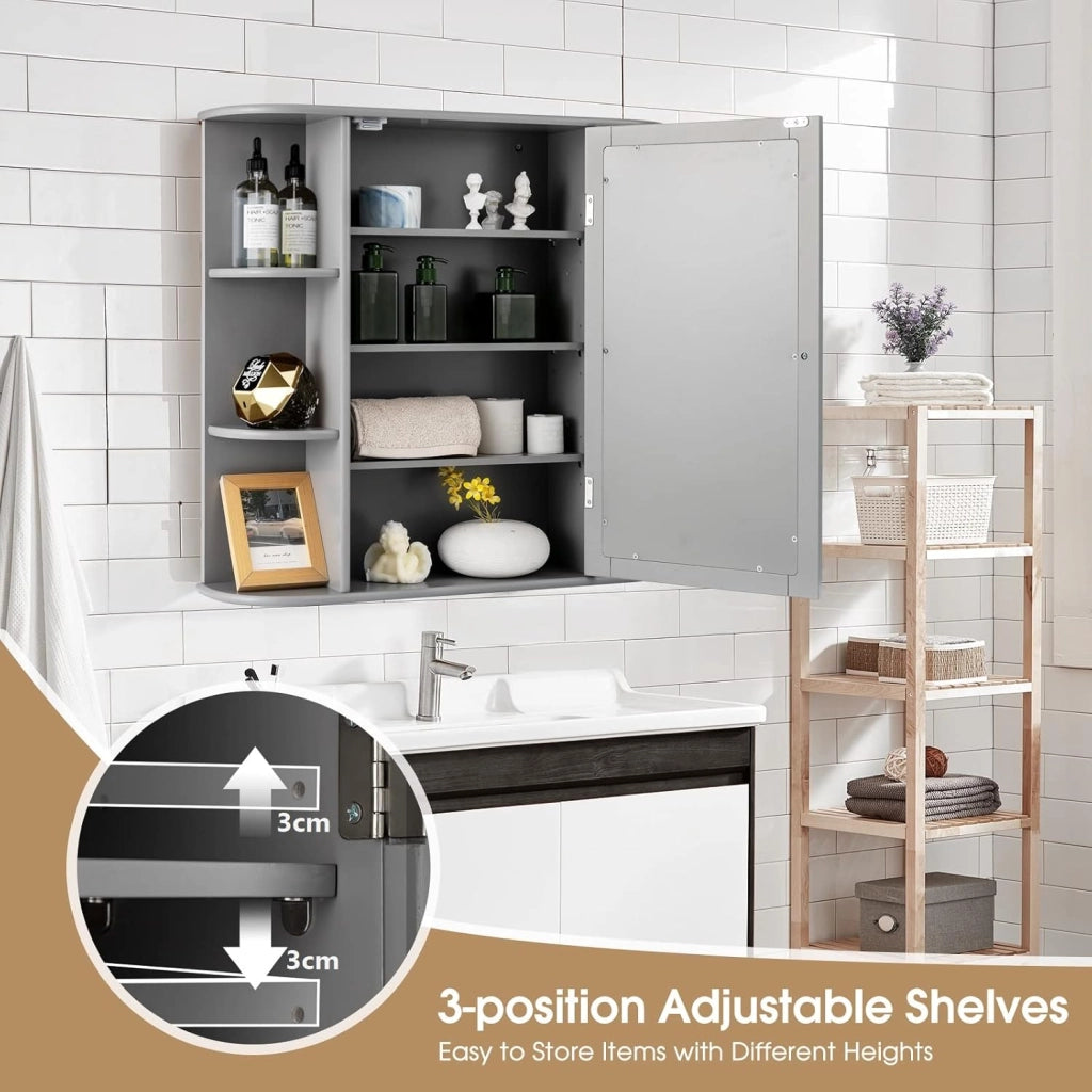 Armadietto Bagno a Parete, Mobiletto Pensile in Legno con Ante di Specchio, 6 Scomparti Laterali e 4 Ripiani di Stoccaggio, 3 Colori Disponibili, 65x17x64cm (Grigio)