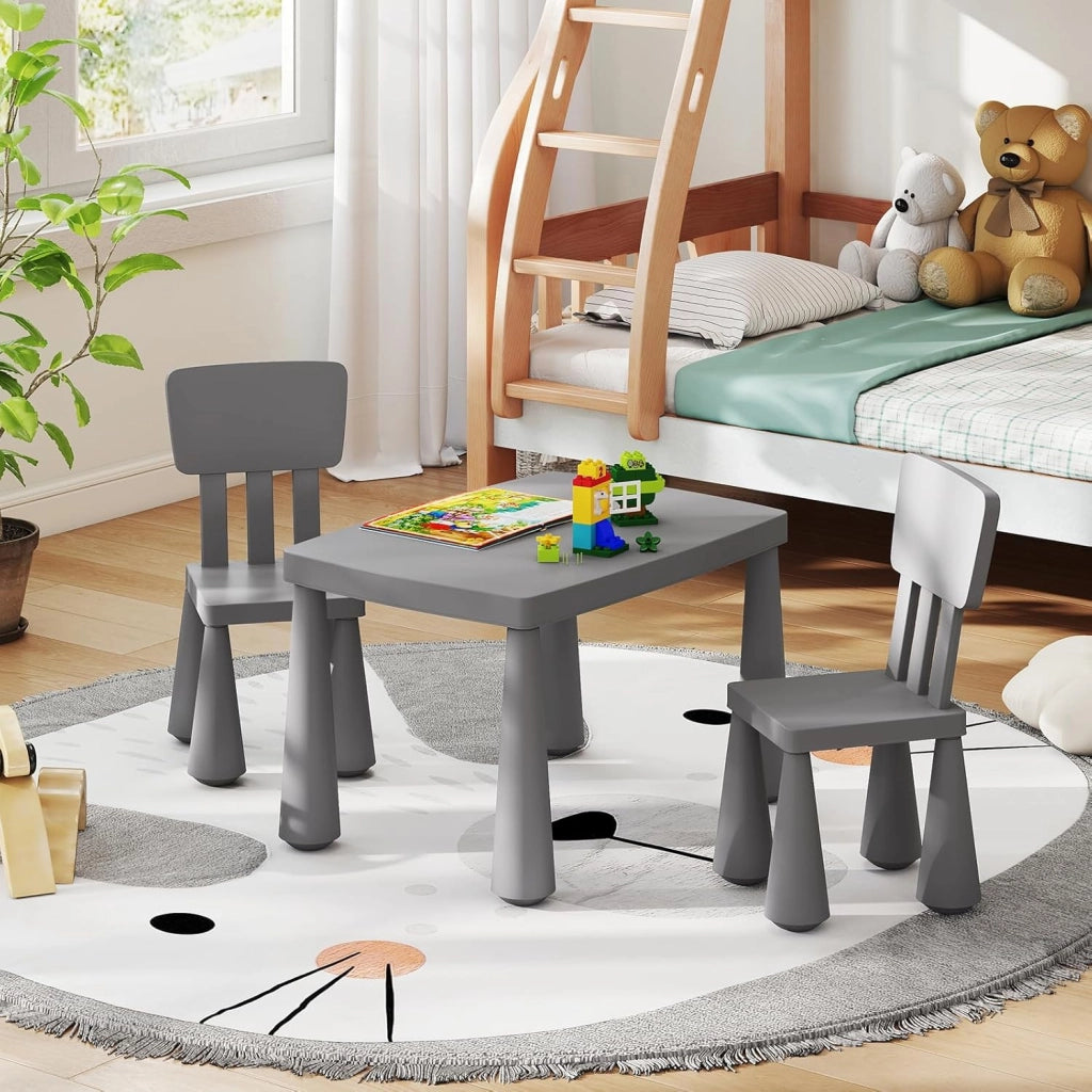 Set Tavolo e Sedie per Bambini 1-7 Anni, 2 Sedie Ergonomiche con Schienale, Materiale PP Atossico e Inodore, Angoli Arrotondati, Adatto per Giocare, Disegnare e Leggere, Portata 50kg (Grigio)