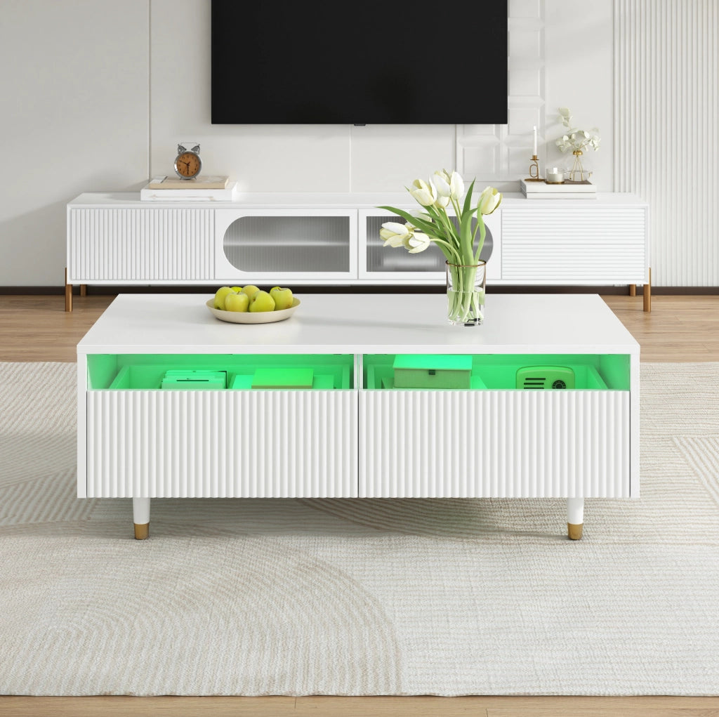 Tavolino da caffè LED bianco con 2 cassetti e gambe dorate
