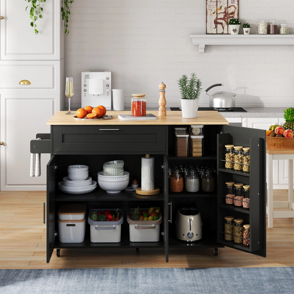 Carrello da Cucina con 2 Ante; 1 Cassetto; Ripiani Regolabili e Portasciugamani; in MDF; Nero e Naturale; 132;5 x 44 x 90 cm