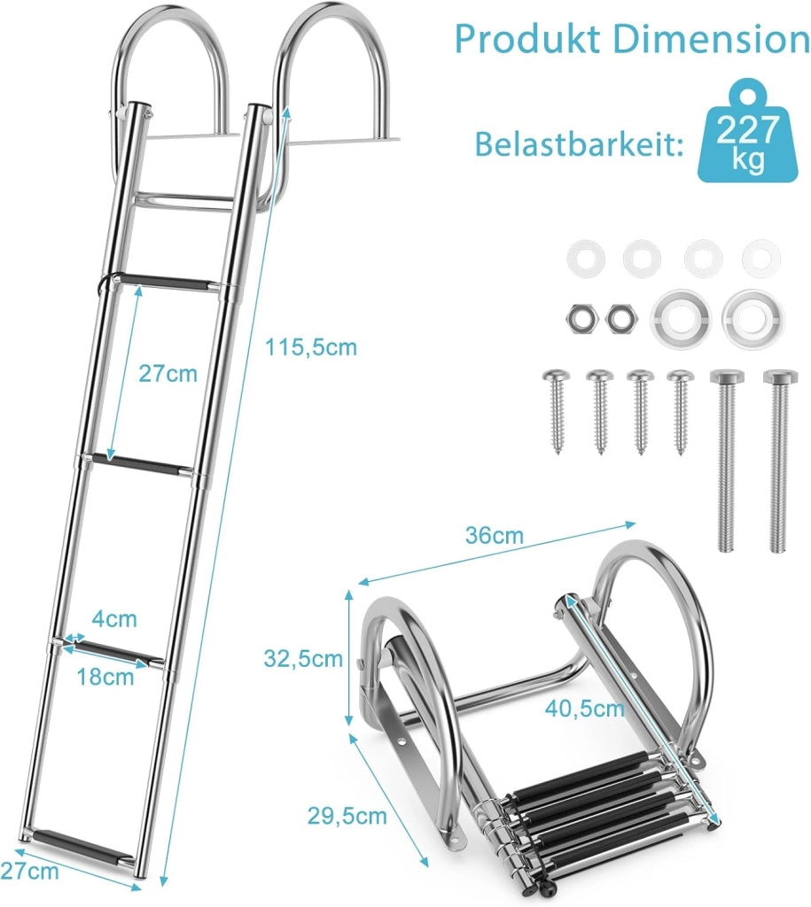 Scaletta da piscina pieghevole, 4 gradini, in acciaio inox, telescopica, con corrimano e gradini antiscivolo, scala in acciaio inox fino a 227 kg, portata posteriore