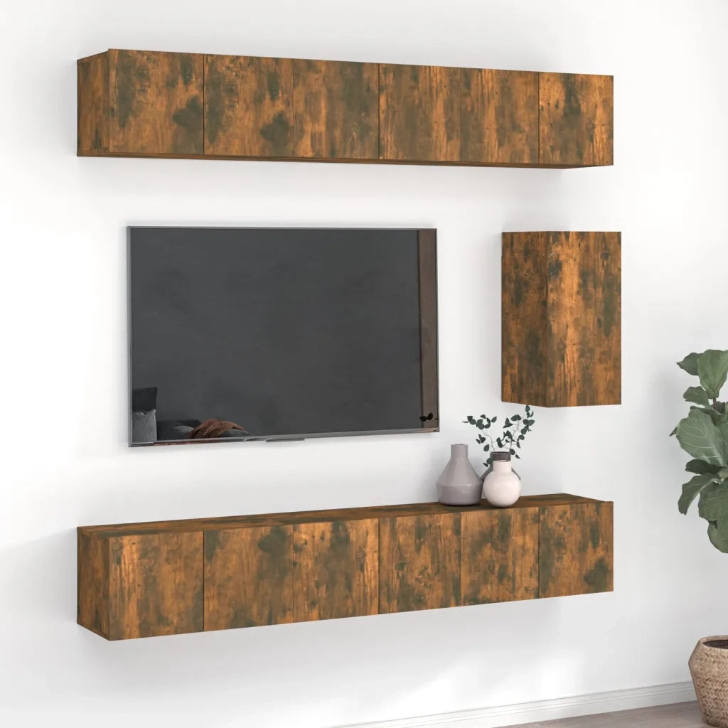 Set di Mobili Porta TV 7 pz-Set di 7 Credenza per TV Rovere Fumo in Legno Multistrato 694426